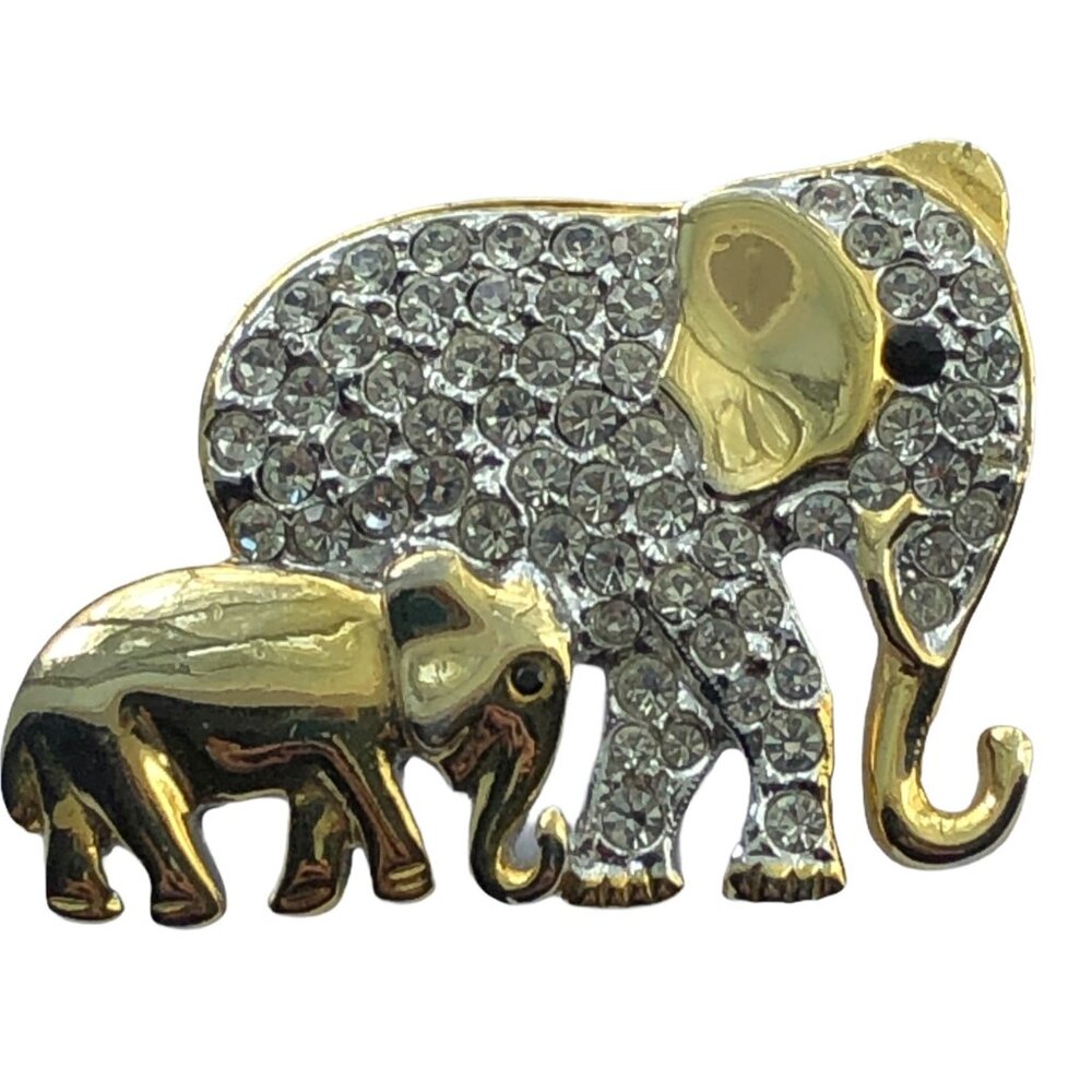 Vintage Elephant Brooch Mother Baby Calf Gold Tone Rhinestone‎ Pin